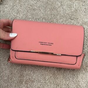 Forever Young Coral-Pink Wristlet Clutch with Gold Accent